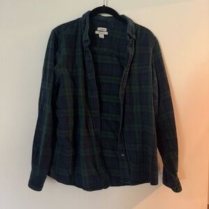 LL Bean Relaxed Fit Flannel Navy/Green Plaid 100% Cotton Size Medium